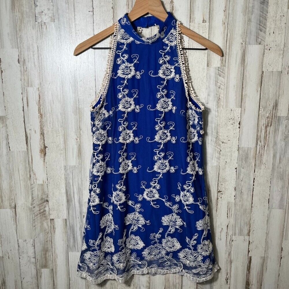 Lovers + Friends Revolve Moonlit Mini Dress Lace Royal Blue HalterWomens XS